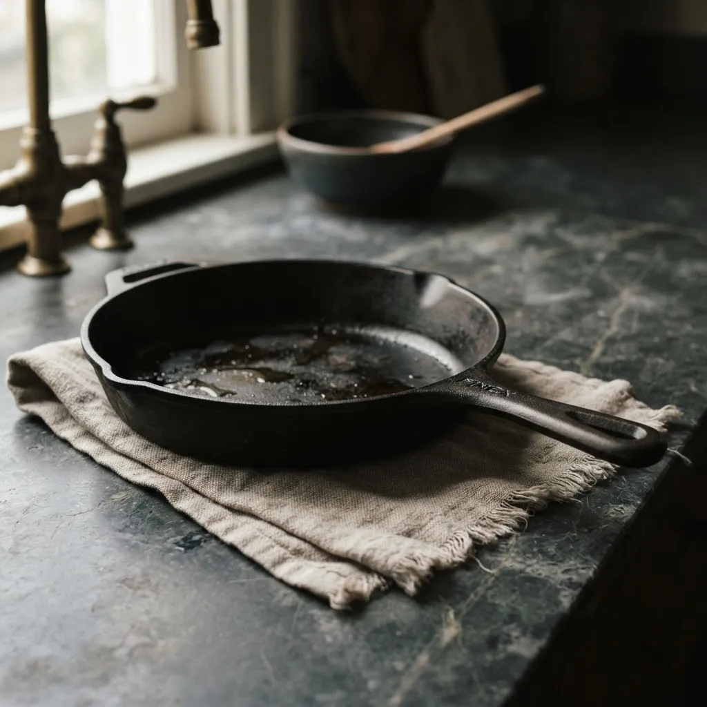 A seasoned cast iron skillet resting on a linen cloth.