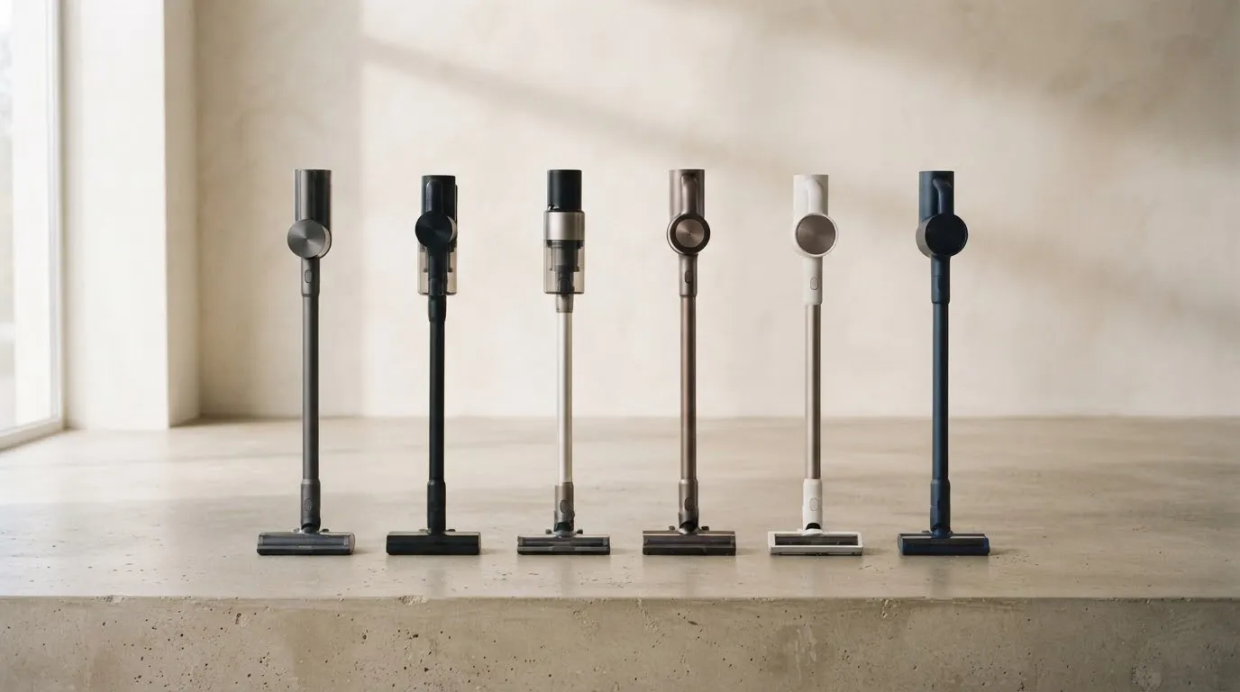 The four cordless vacuums in this article, lined up against a plain wall.
