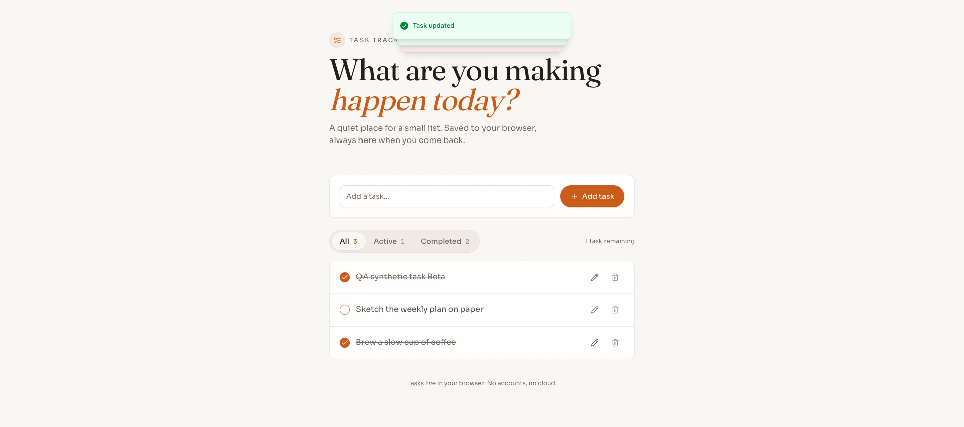 Task tracker sau khi sửa và hoàn thành QA synthetic task Beta, hiển thị tổng ba việc với hai việc đã xong.