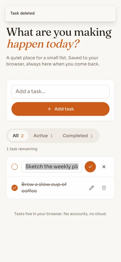 Task tracker ở chiều rộng 390 pixel, công việc mẫu đầu tiên đang được sửa với nút lưu và hủy; phía trên là nút Add task.
